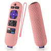 A pink silicone remote cover for a Roku device shown next to the full remote.