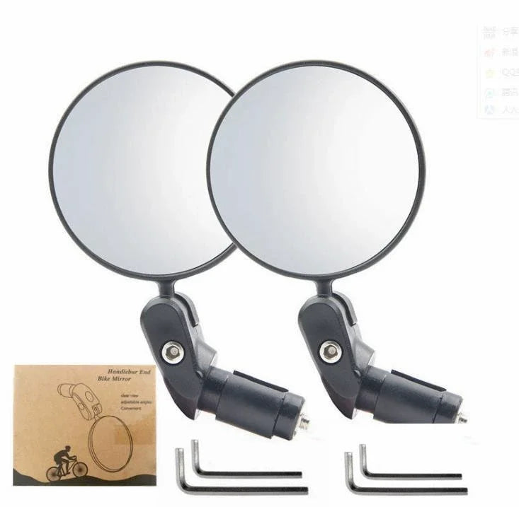 A pair of adjustable 360 degree bicycle handlebar rearview mirrors with mounting brackets and installation hardware.