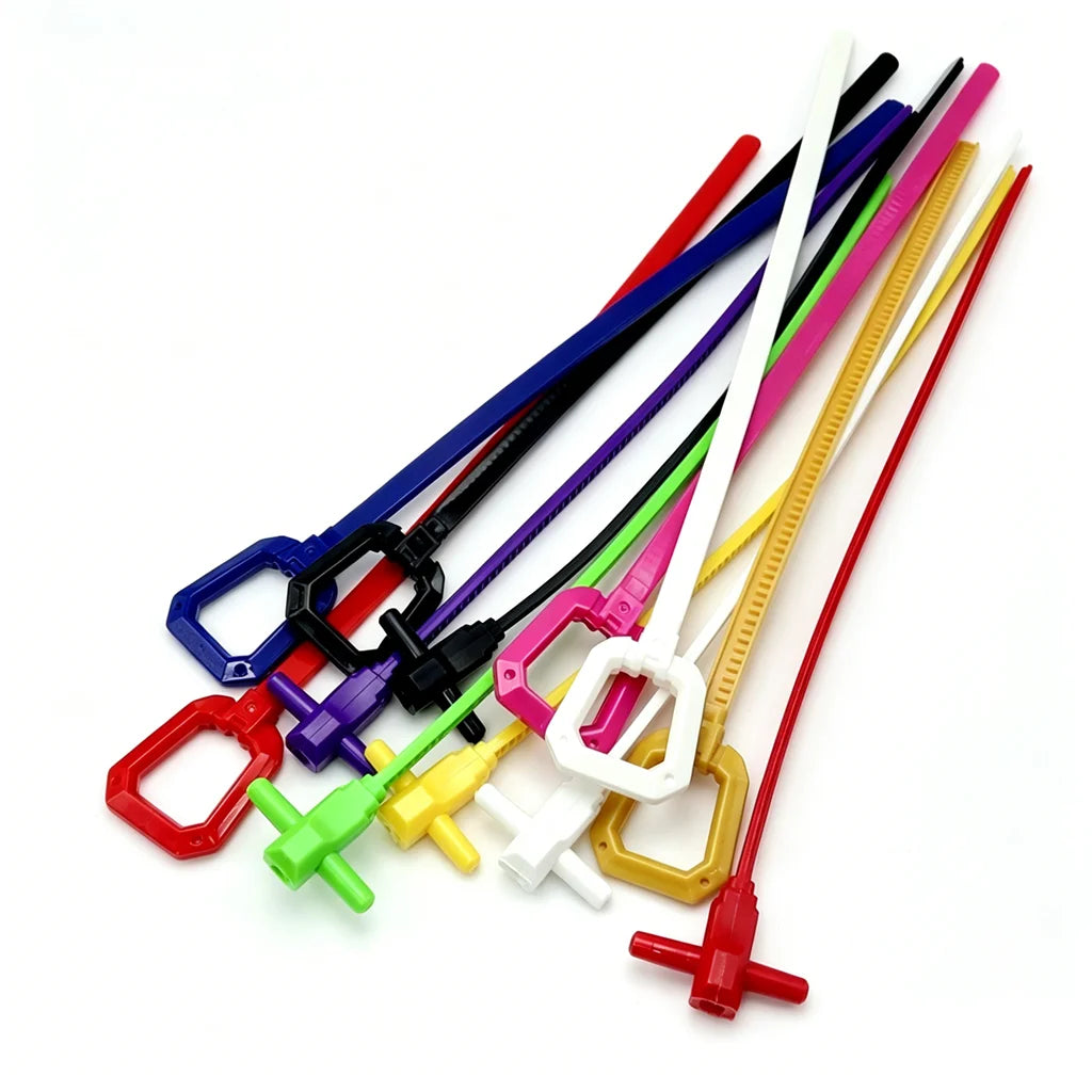 A collection of five colorful replacement ripcord rulers for launcher toys, featuring various colored plastic handles.
