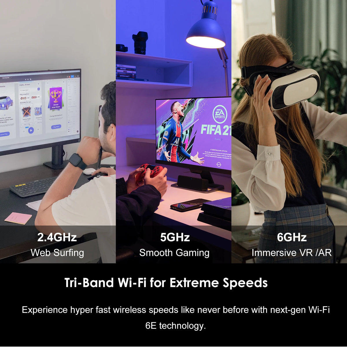 A display showing three different Wi-Fi speeds 2.4GHz, 5GHz, and 6GHz for high-speed internet access.