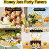Honey jars party favors in hexagon glass with wood dippers and bee pendants for baby shower wedding and party events
