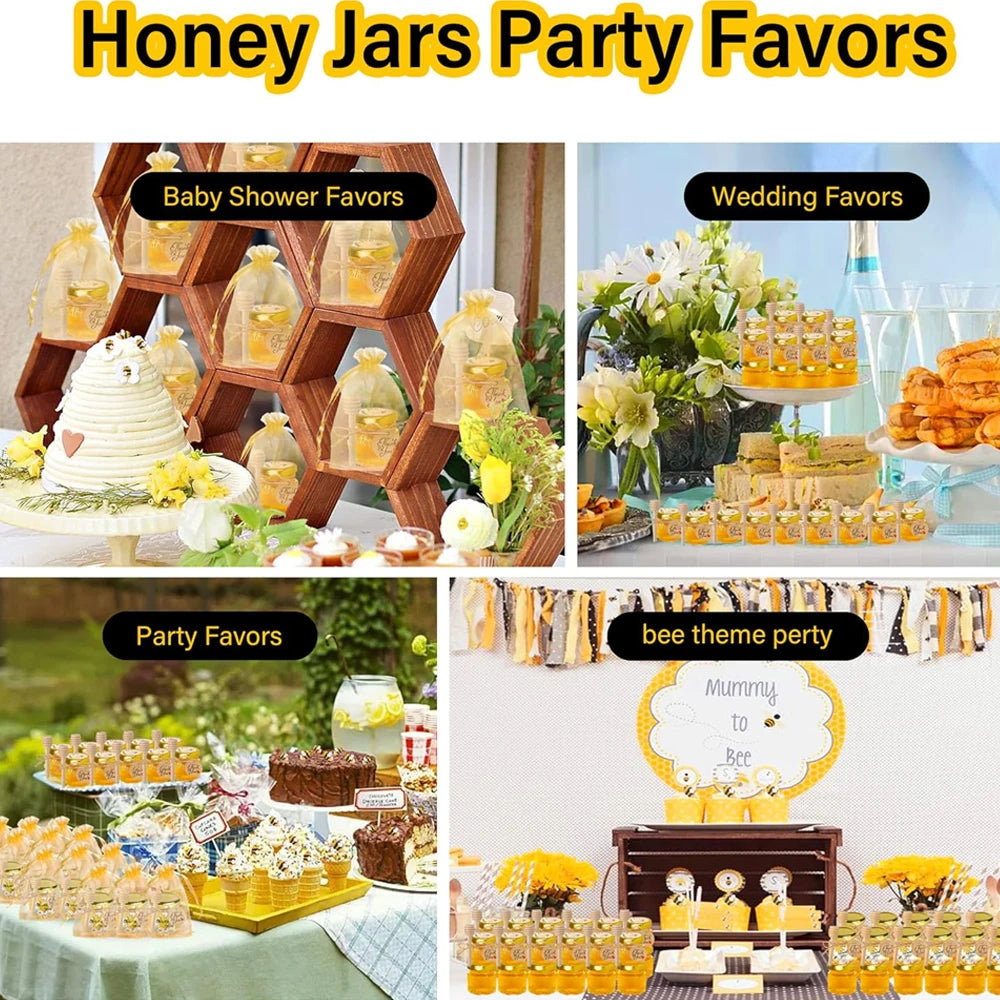 Honey jars party favors in hexagon glass with wood dippers and bee pendants for baby shower wedding and party events