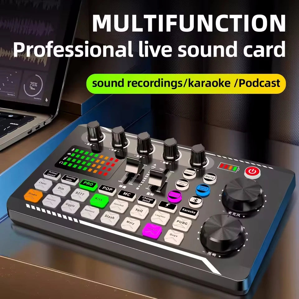 A professional live sound card device with various buttons and knobs is shown on a desk.