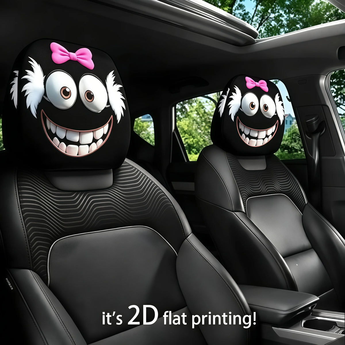 Two black car headrest covers featuring cartoon faces with pink bows and white fur accents