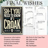 A spiral-bound notebook titled SH T YOU NEED TO KNOW IF I CROAK for end of life planning.