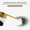 A gold-colored aluminum alloy long nozzle is shown dispensing a fine white powder onto a surface.