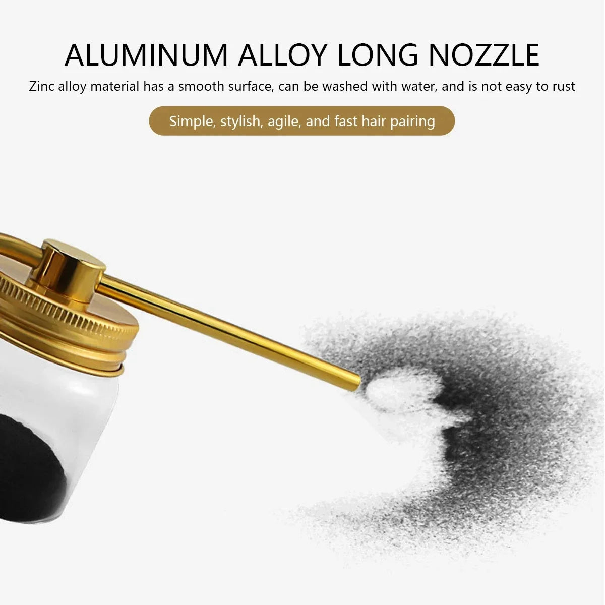 A gold-colored aluminum alloy long nozzle is shown dispensing a fine white powder onto a surface.