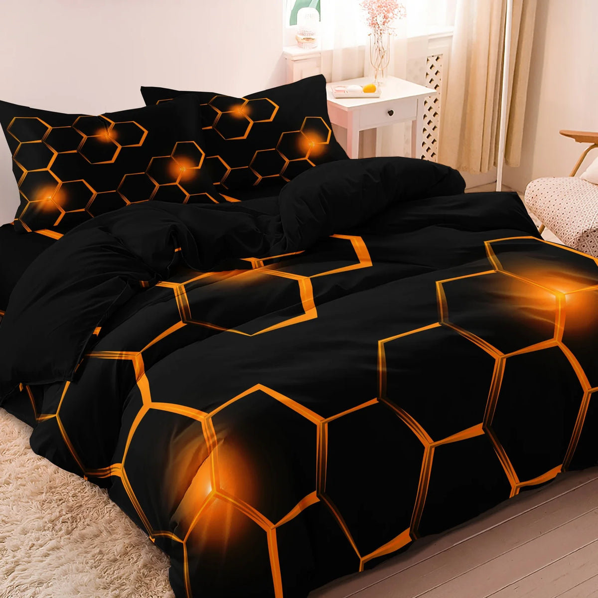 Geometric 3D Hexagonal Honeycomb Duvet Cover Set