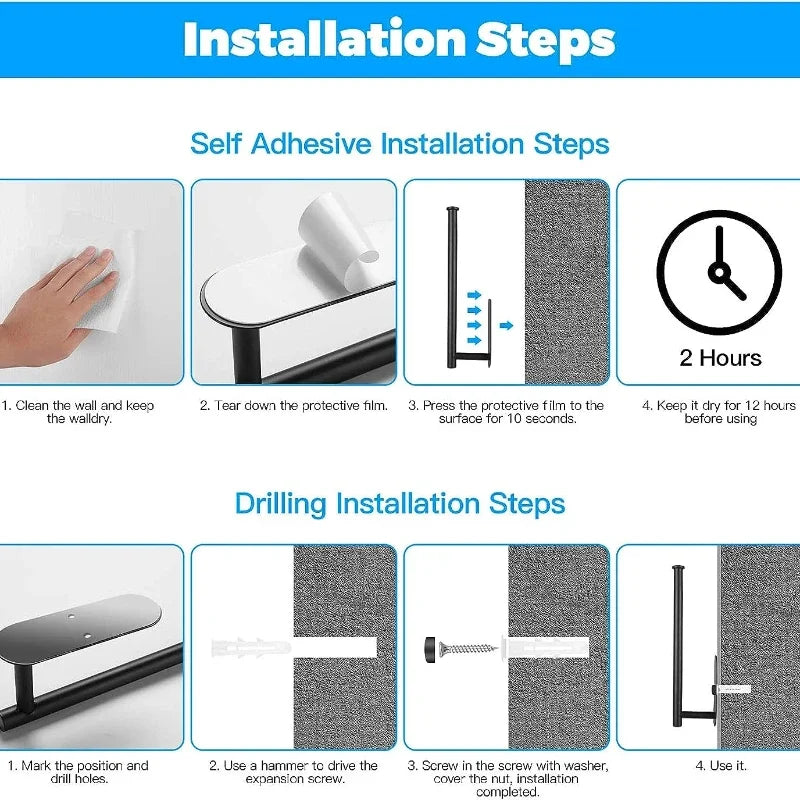 Installation steps for a stainless steel wall-mounted paper towel holder, showing self-adhesive and drilling methods.