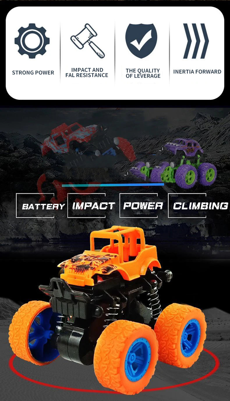 Orange off-road stunt car with large tires and black chassis shown in a dynamic driving pose.
