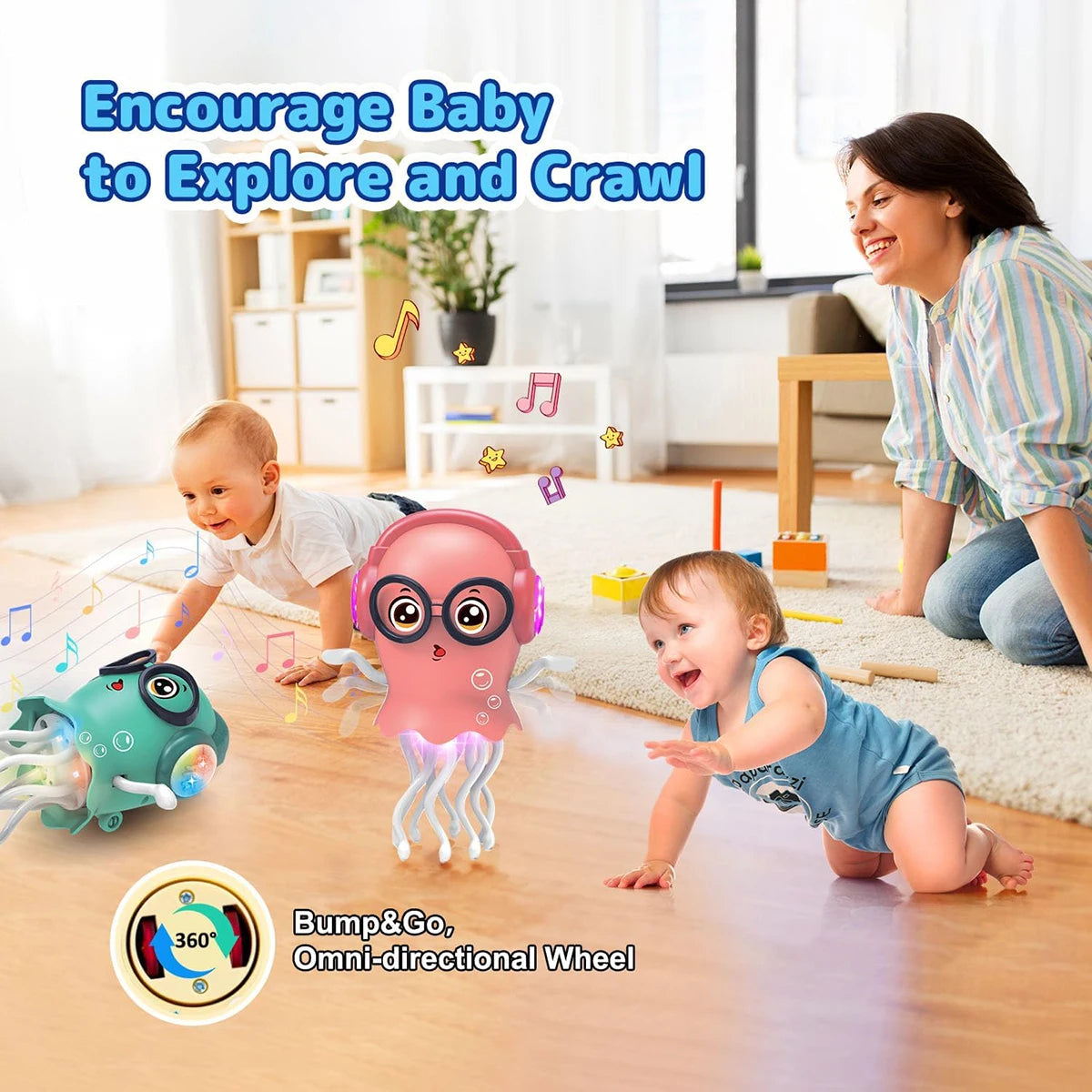 A baby is interacting with a pink jellyfish toy that features LED lights and an omni-directional wheel for exploration.