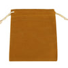 A rectangular, mustard-colored velvet drawstring pouch with light beige string ties.