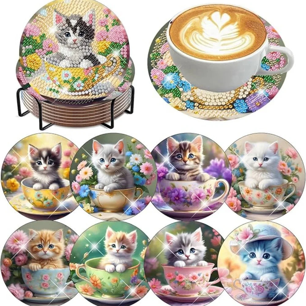 DIY Diamond Art Coaster Set with Holder – 8 Acrylic Coasters for Home Decor and Gifting