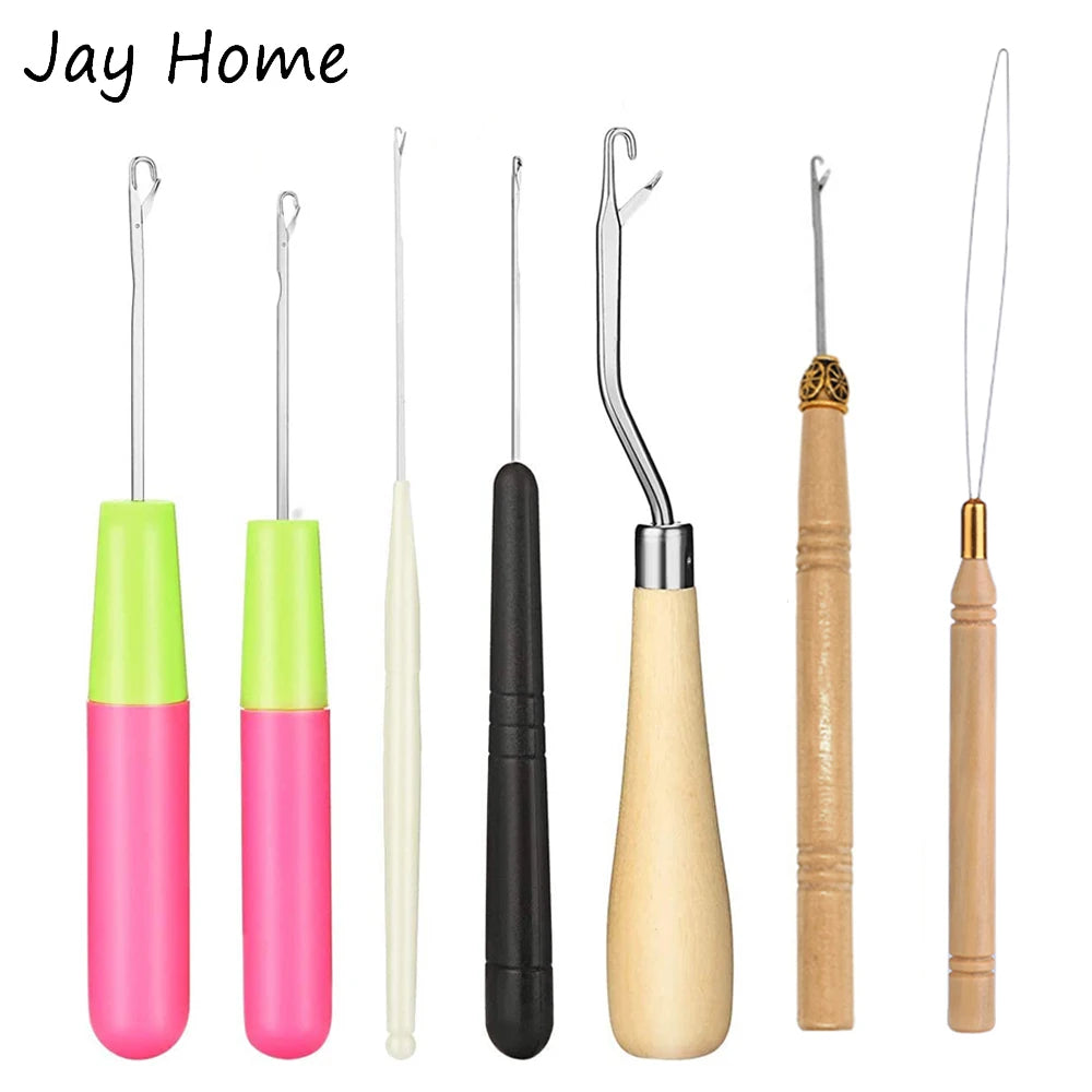 A set of plastic latch hook needles for crochet, dreadlocks, and rug making in various colors.