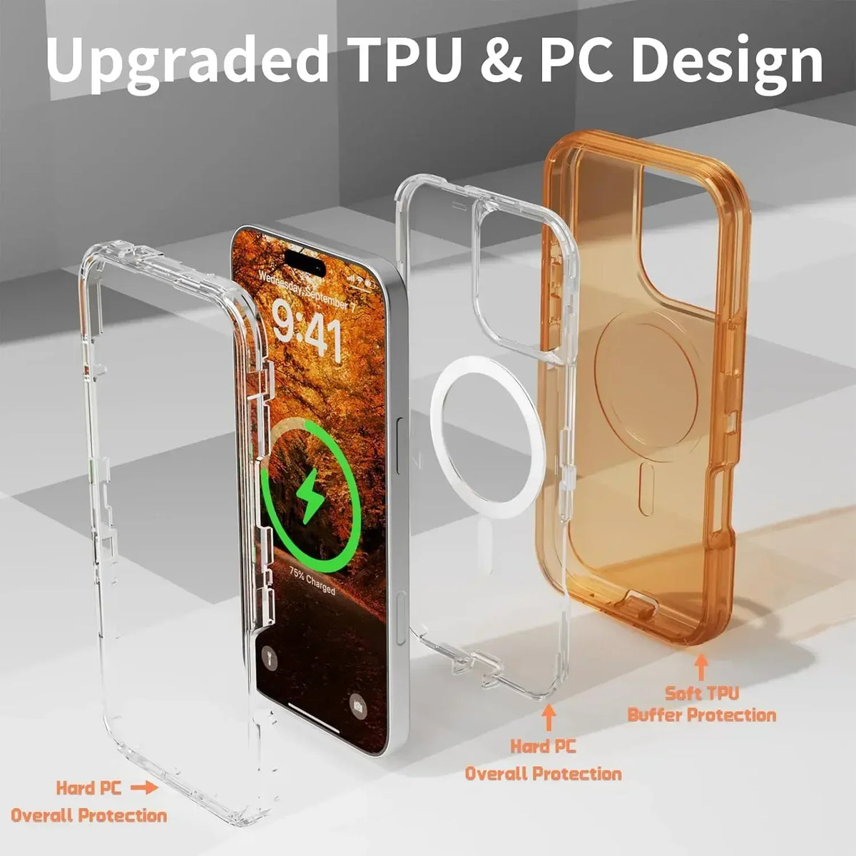 A clear TPU and PC case for a smartphone shown with a magnetic kickstand, demonstrating upgraded protection.