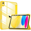 A yellow slim tri-fold stand case for an iPad with a pencil holder shown in a studio setting.