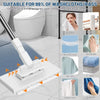 A white 360° rotating hands-free flat mop with reusable cloth attachments shown next to a toilet.