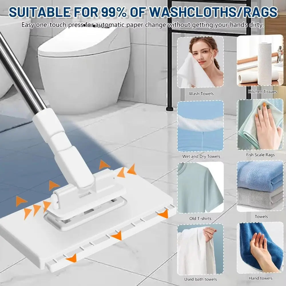 A white 360° rotating hands-free flat mop with reusable cloth attachments shown next to a toilet.