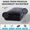 A stack of dark gray microfiber drying towels with a scratch-free, streak-free design.