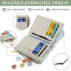 A beige slim bi-fold wallet showing various compartments including a bill, card slots, and coin pocket.