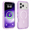 A clear purple silicone phone case with a magnetic bumper and kickstand shown next to the phone screen displaying 9:41.