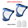 Two pairs of clear protective face masks with blue silicone seals and twenty filters shown alongside the product.