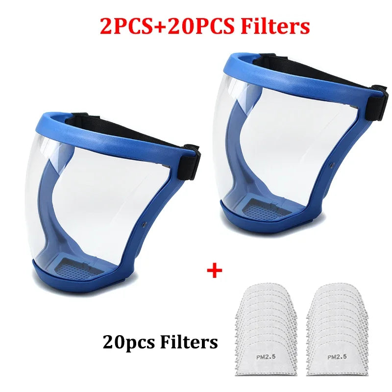 Two pairs of clear protective face masks with blue silicone seals and twenty filters shown alongside the product.