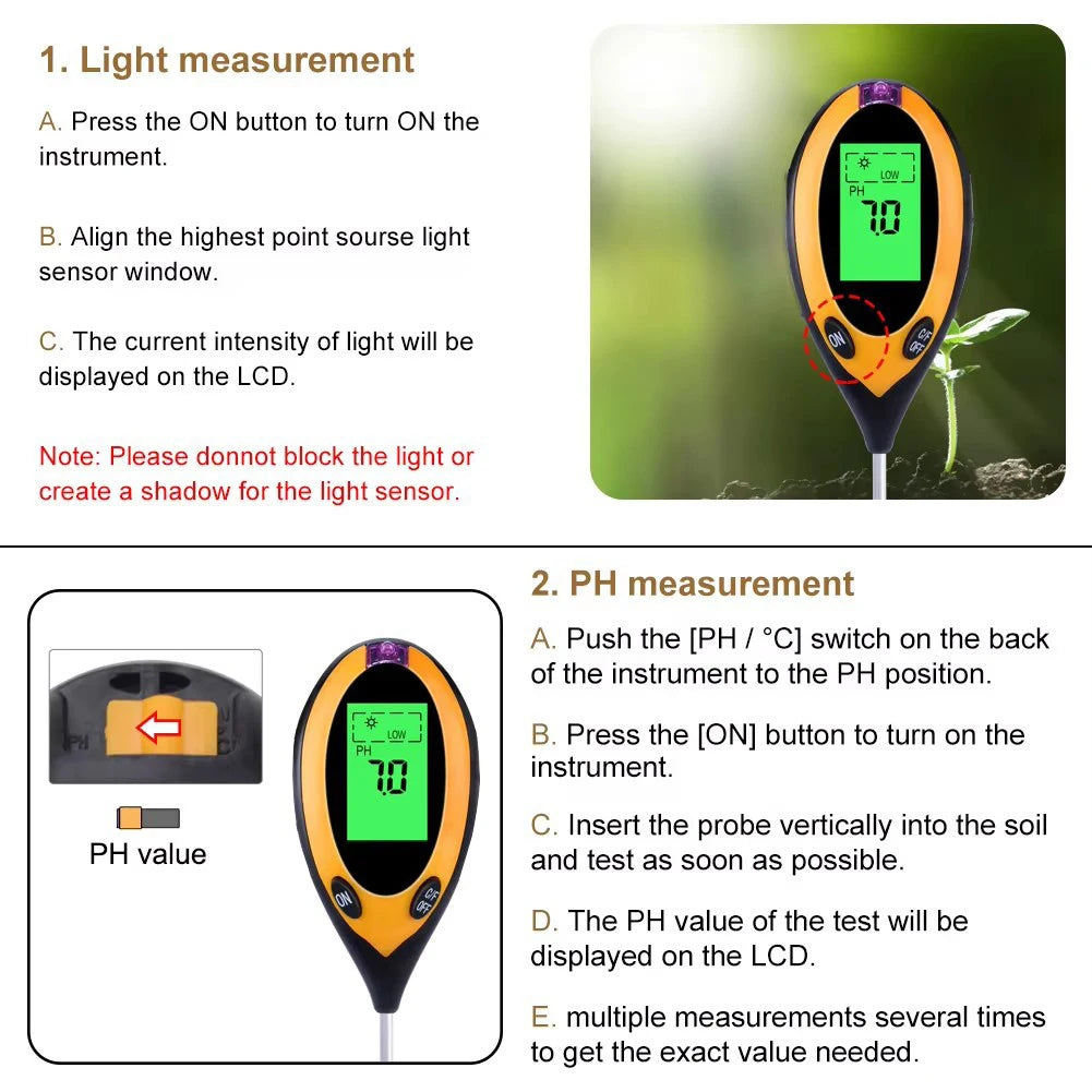 A handheld digital tester device showing a green display reading 7.0, used for light measurement and pH testing.