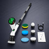 A cordless electric spin scrubber with interchangeable brush heads shown against a dark background.