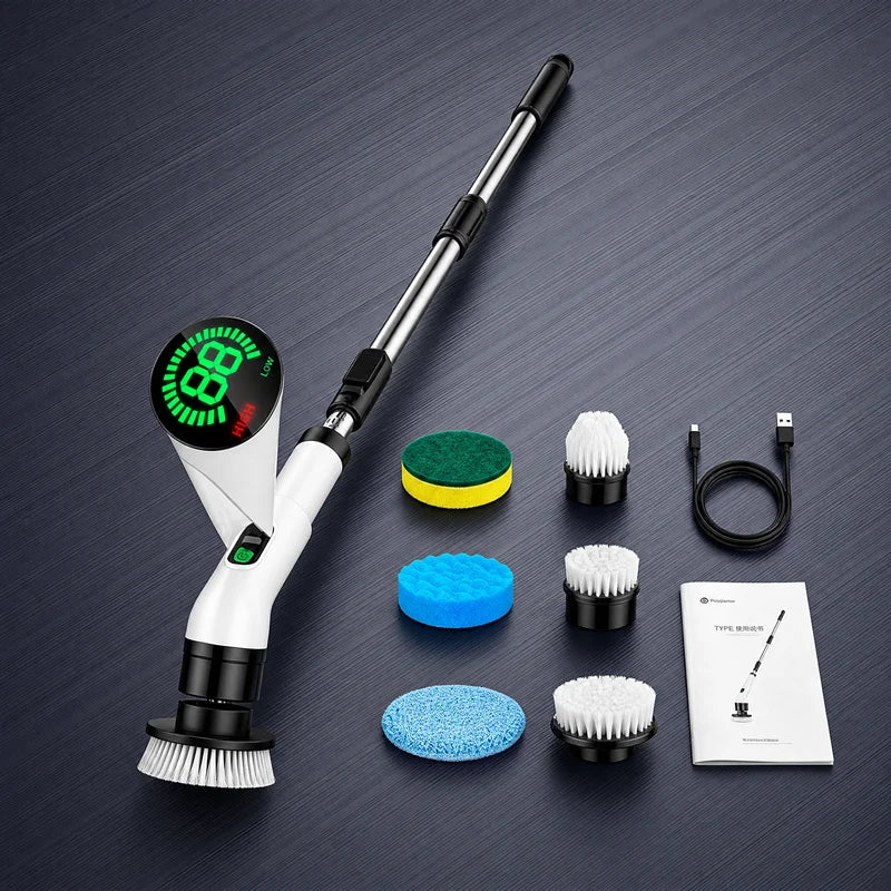 A cordless electric spin scrubber with interchangeable brush heads shown against a dark background.