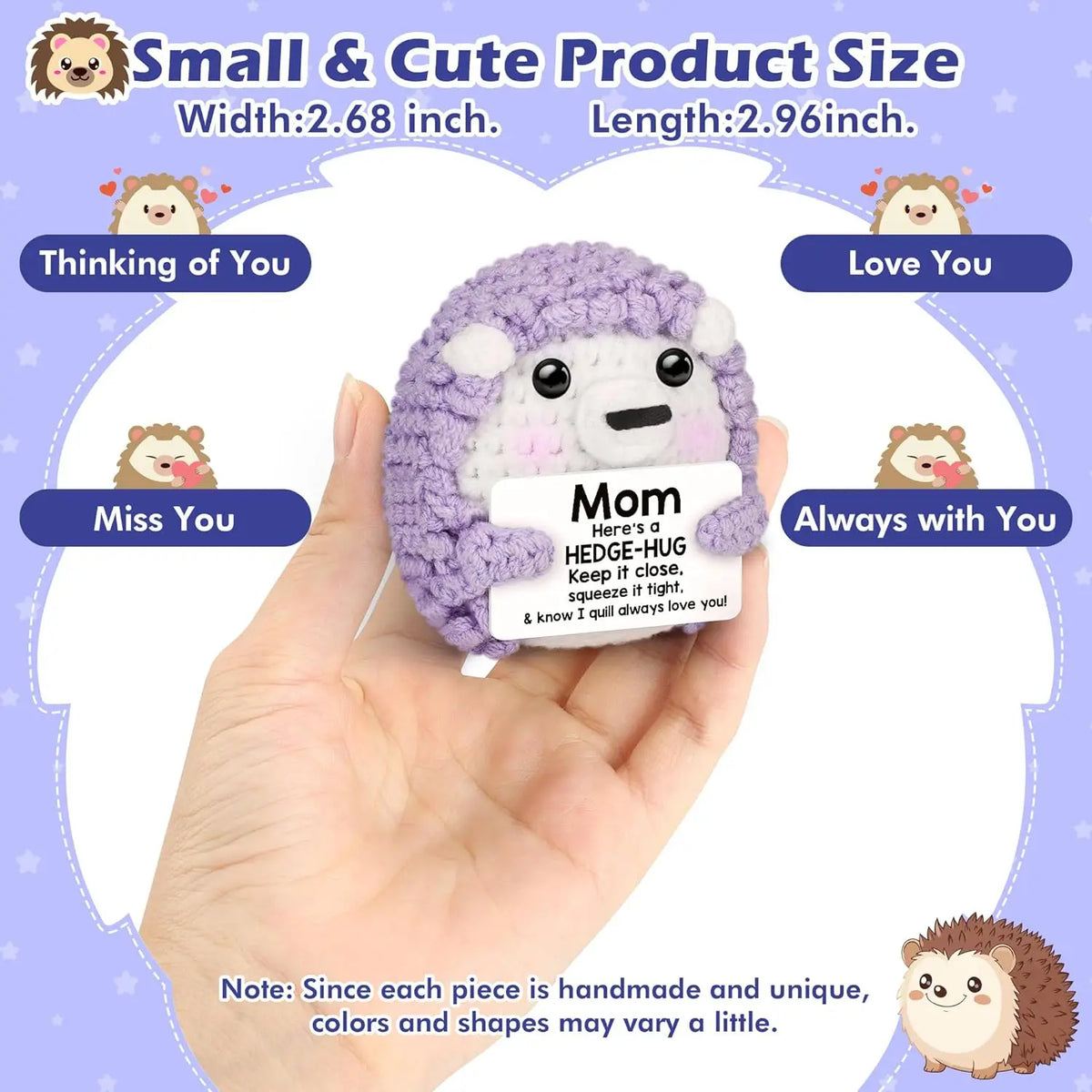 A handmade crochet hedgehog doll is held in a hand, with various emotional messages like Thinking of You and Love You display