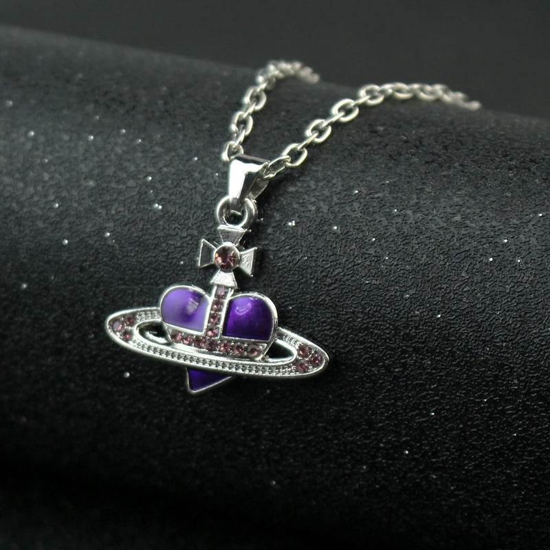 Rhinestone Heart & Saturn Pendant Jewelry Set