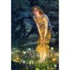 An ethereal portrait of a young woman with golden hair and dress standing in a dark, mystical forest setting.