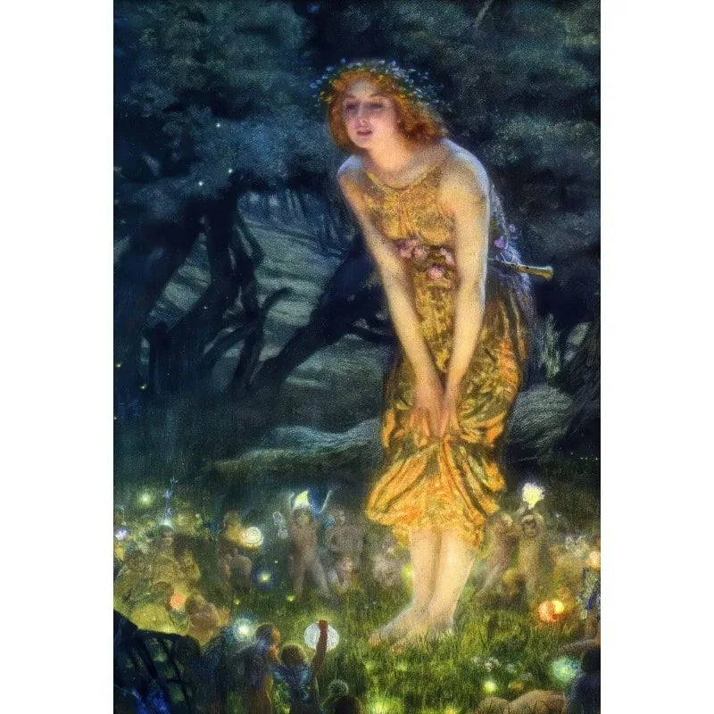An ethereal portrait of a young woman with golden hair and dress standing in a dark, mystical forest setting.