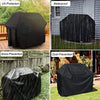 Black heavy duty waterproof grill cover protecting a gas grill outdoors.