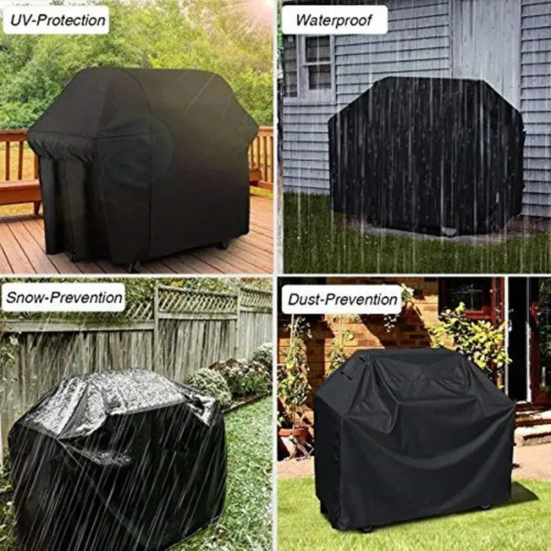 Black heavy duty waterproof grill cover protecting a gas grill outdoors.