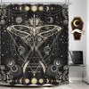 Gothic skull shower curtain featuring a moth and floral design on a black background.