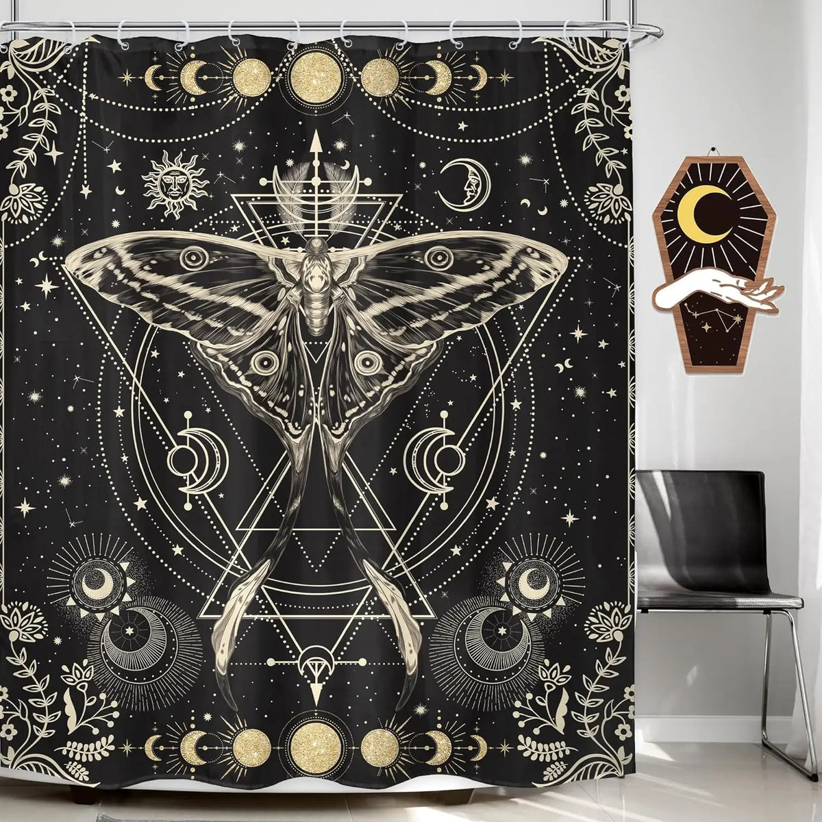 Gothic skull shower curtain featuring a moth and floral design on a black background.
