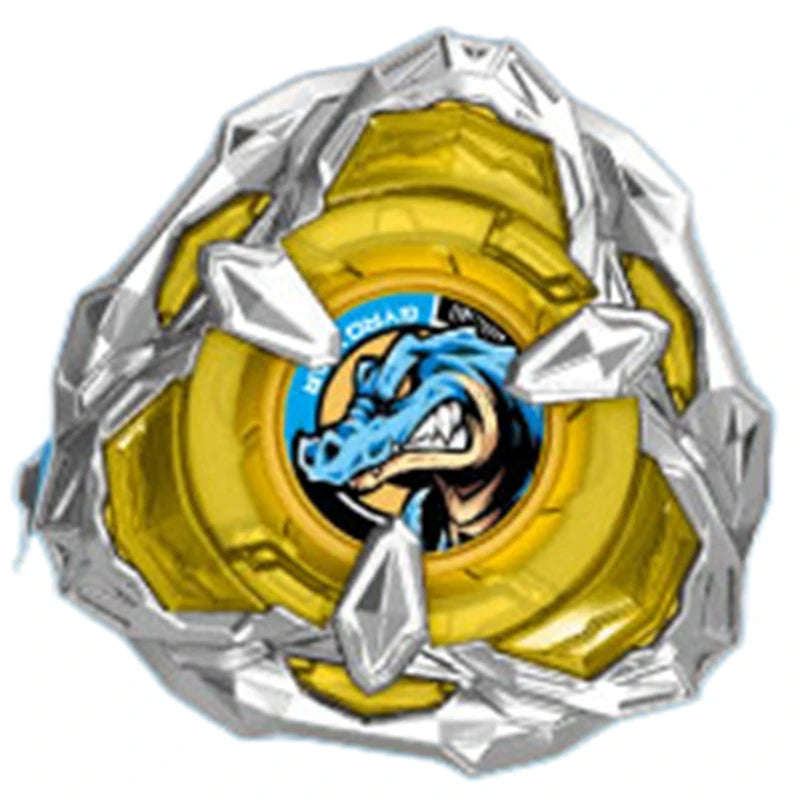 A silver metal spinning top featuring a blue dragon design on the center disk.