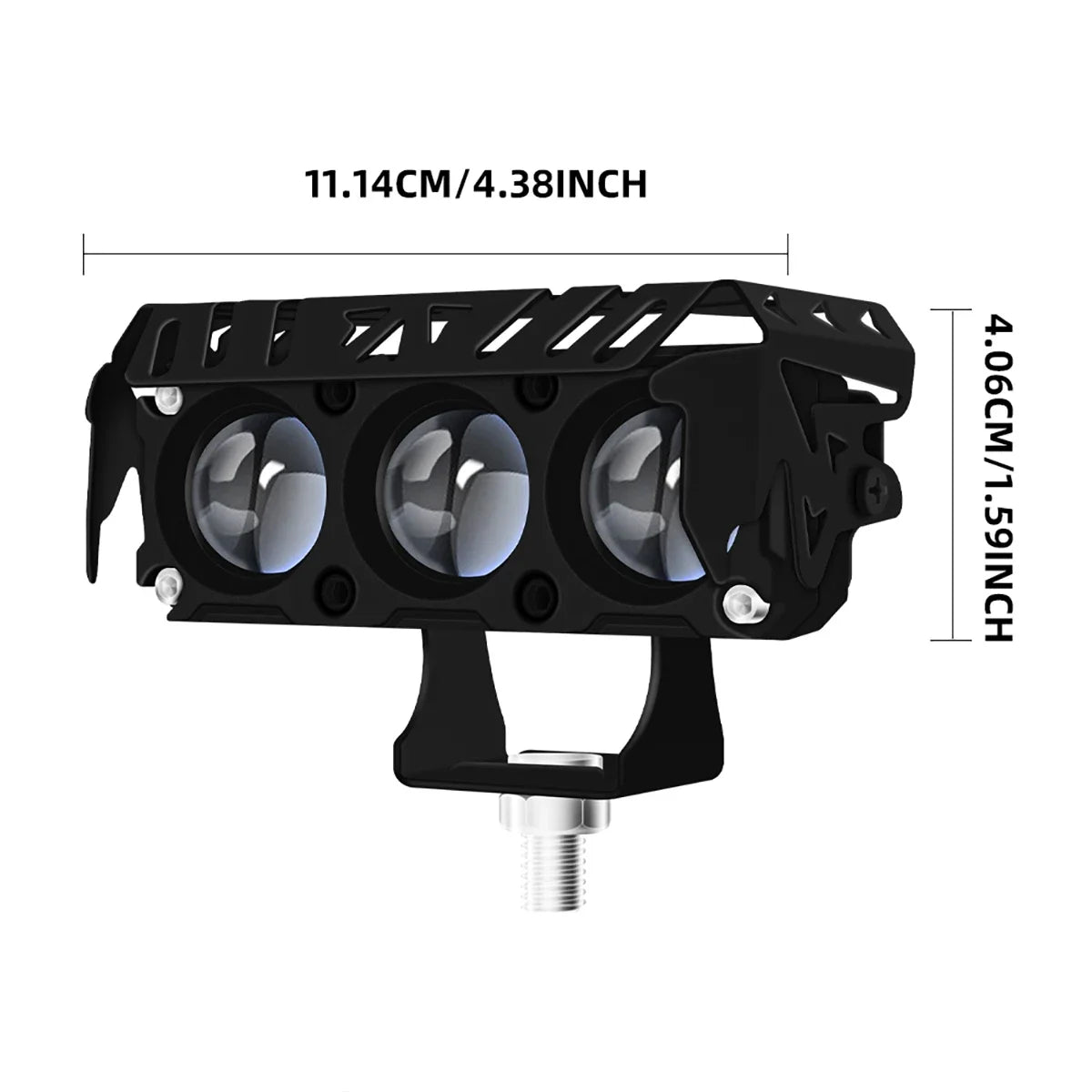Black motorcycle dual-color LED spotlight with hi/low beam, measuring 11.14cm long.