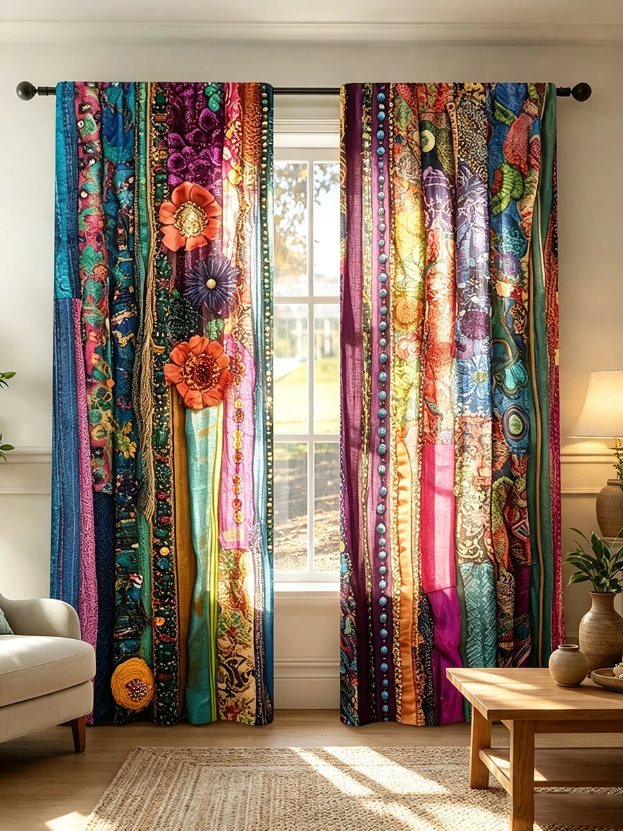 Two colorful boho ethnic patchwork print curtains hanging in a bright room.