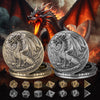 A dragon-themed watch and dice case featuring a dragon silhouette, metal polyhedral dice, and a dark background.