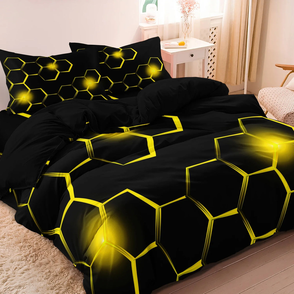 Geometric 3D Hexagonal Honeycomb Duvet Cover Set