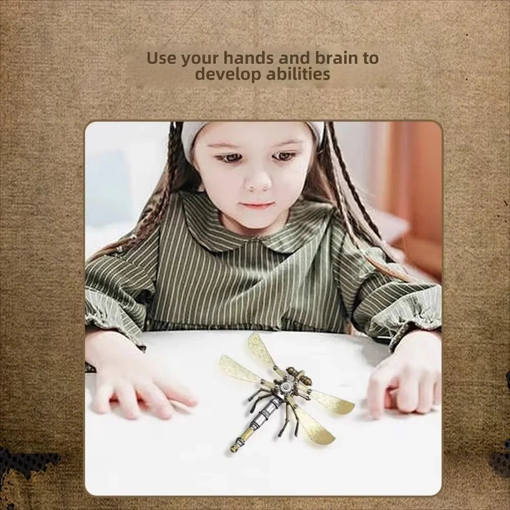 A young girl is shown holding a metal insect puzzle on a white surface.