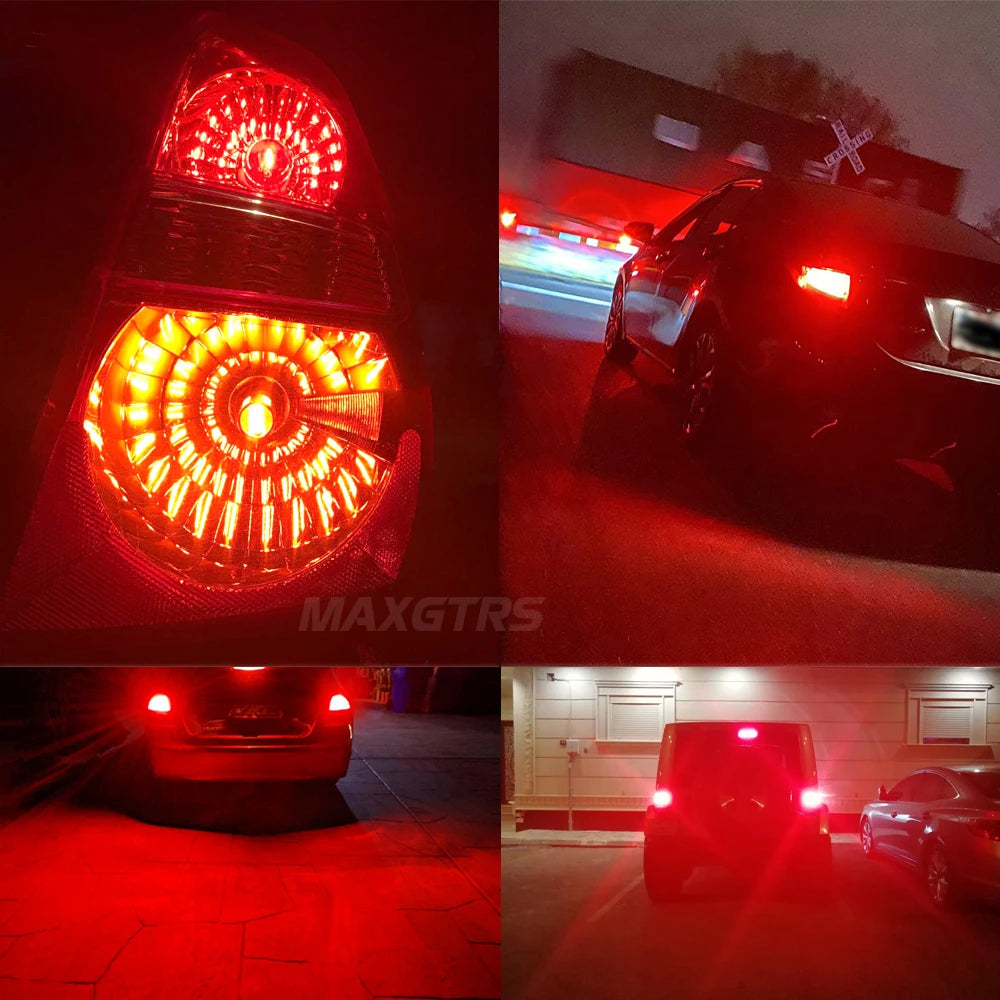 Close-up shots of a vehicle's LED lights, including turn signals, parking lights, and reverse lights, illuminated in red and 