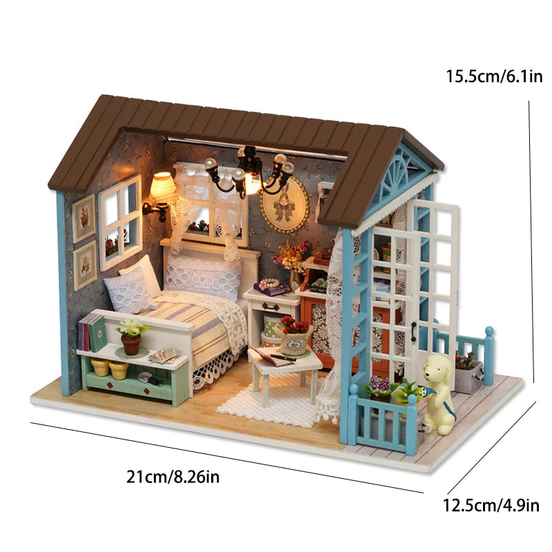 A miniature wooden dollhouse building kit featuring a bedroom with furniture and decorative elements.