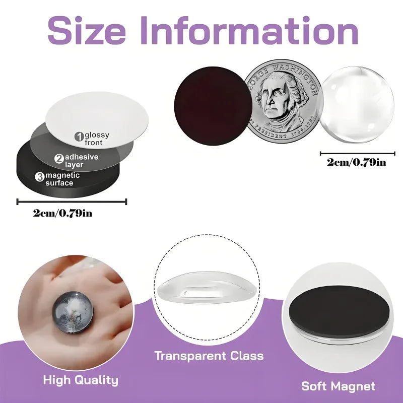 Size information for a glass dome magnet making kit showing various sizes and a coin for scale.