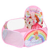 Pink foldable ball pit with a character theme and basketball hoop for kids