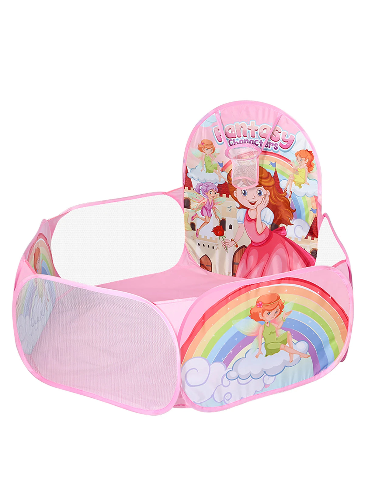 Pink foldable ball pit with a character theme and basketball hoop for kids