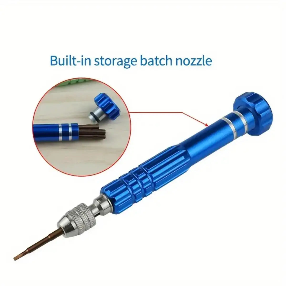 A blue and silver screwdriver tool with a built-in storage batch nozzle is shown.